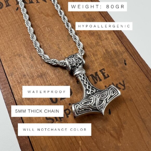 Viking Thor Hammer Pendant and Rope Chain Necklace - Picture 5 of 6